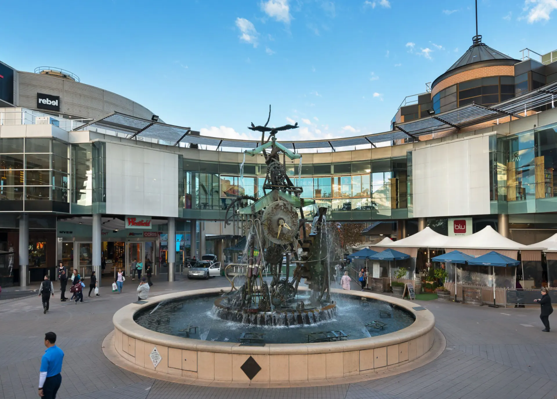 Westfield Hornsby town centre and the Man Time and Nature water clock in the Upper North Shore, an area serviced by Mould Hunters