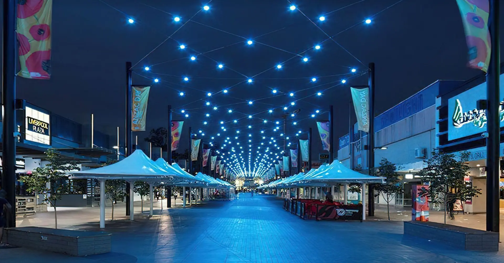 Macquarie Mall in Liverpool CBD lit up at dusk, in the South West Sydney area serviced by Mould Hunters